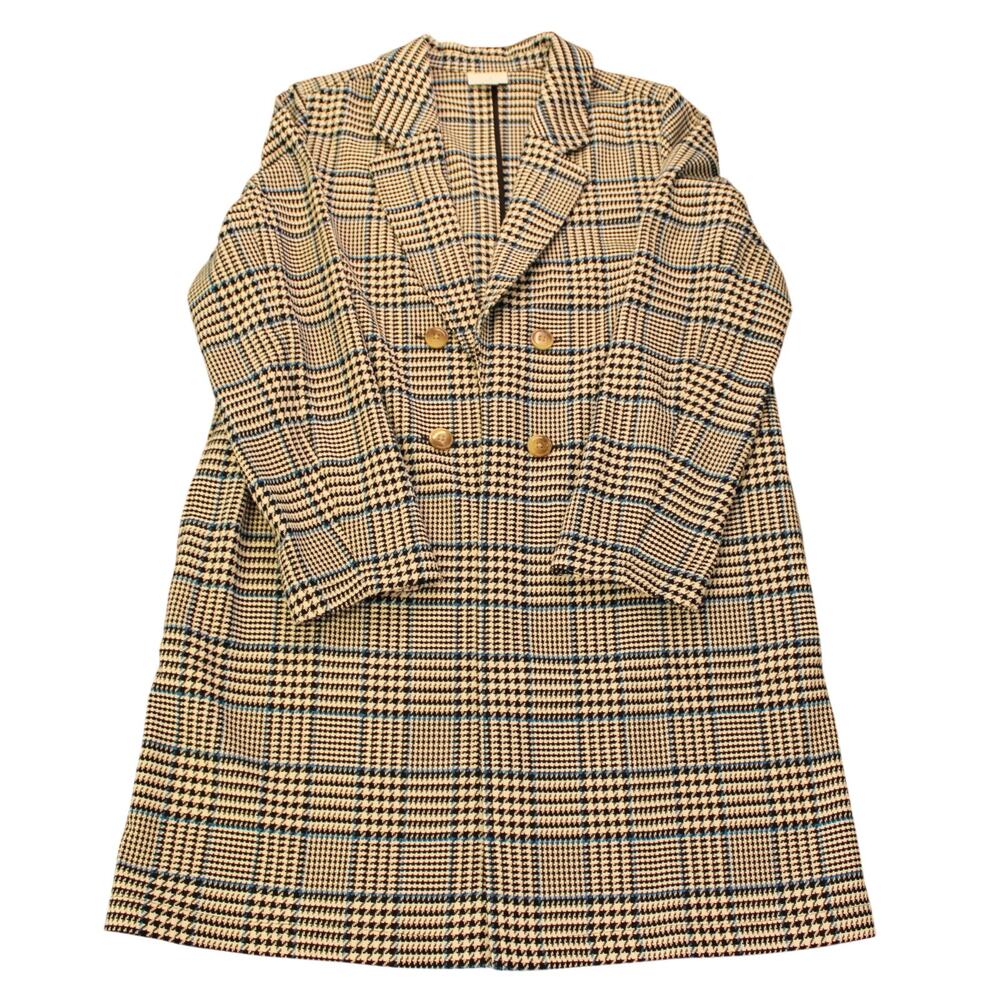 J.Jill Long Plaid Duster Jacket Size M Excellent Black White Blue Houndstooth